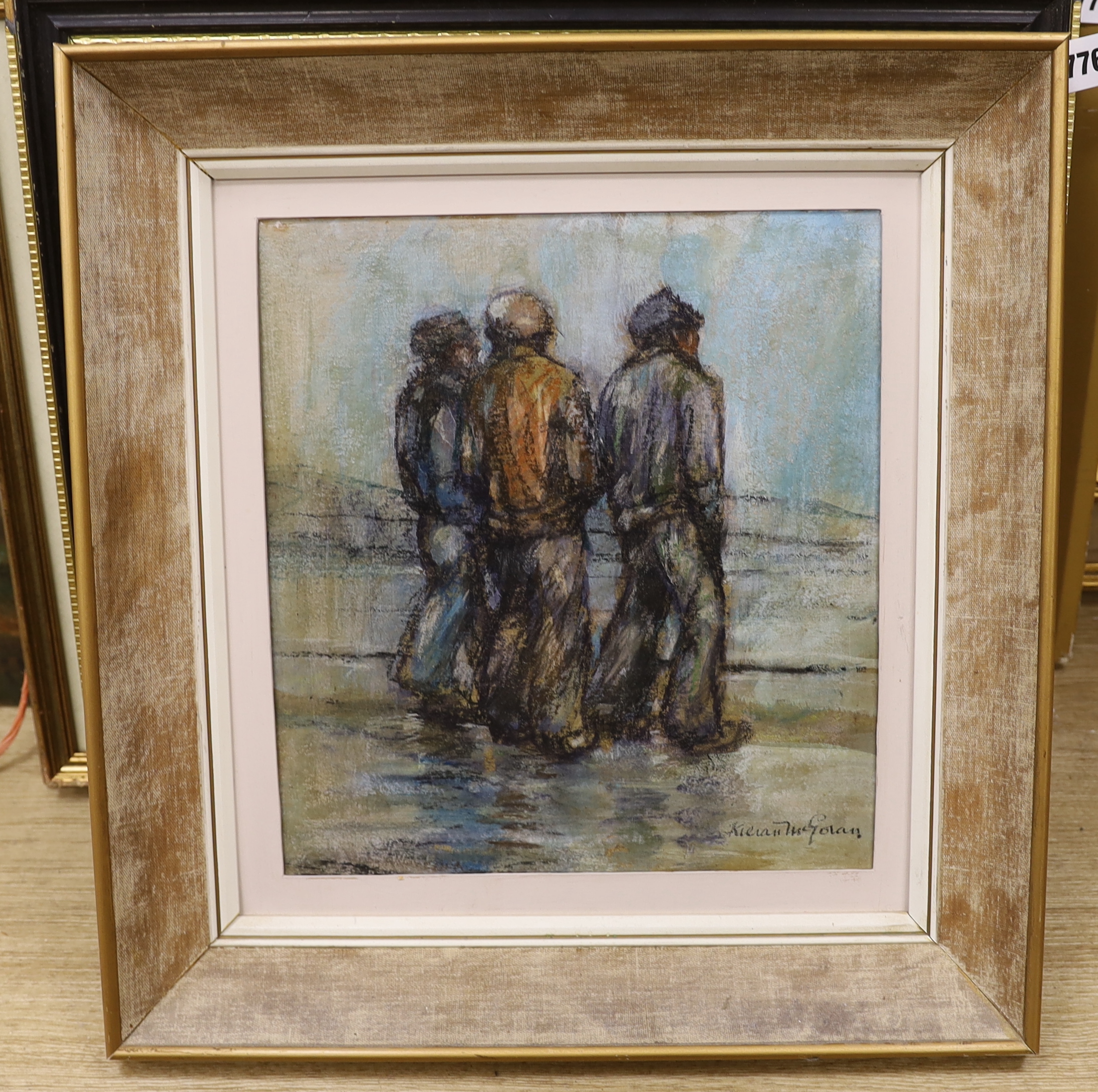 Kieran McGoran (1932-1990), mixed media, Fishermen on the shore, signed, 31 x 28cm